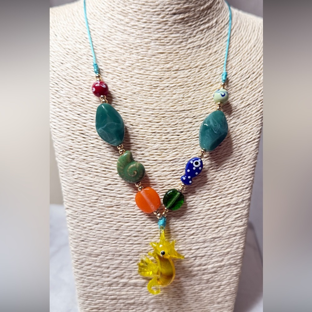 Colorful Handcrafted Necklace with Yellow Seahorse Glass Pendant